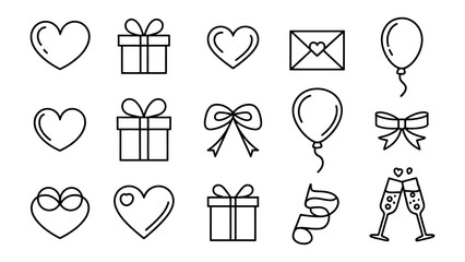 Love and Celebration: A curated collection of iconic symbols of love and celebration, featuring hearts, gifts, bows, and festive elements perfect for conveying joy and affection.