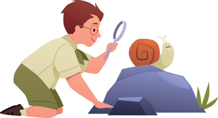 A boy scout kneeling near a rock, examining a snail through a magnifying glass © sabelskaya