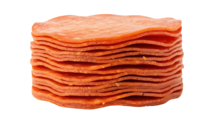 Isolated stack of pepperoni slices, a savory pizza topping favorite for the hungry diner
