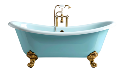 Classic claw-foot bathtub in robin's egg blue with brass fixtures