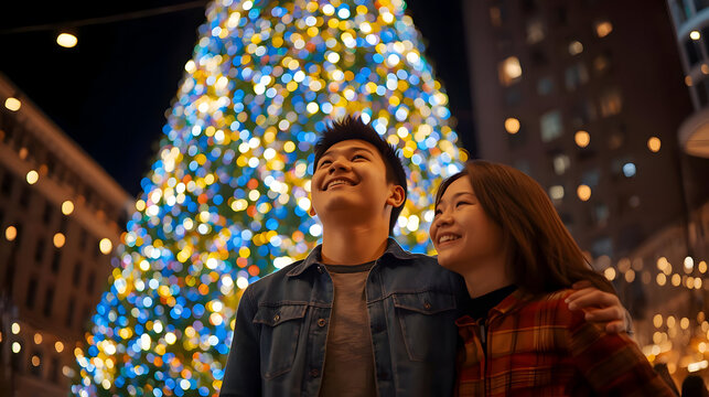 Joyful young Asian couple enjoys festive evening exploring city. They smile with wonder looking up at dazzling Christmas tree light display. Moments like these create cherished family memories