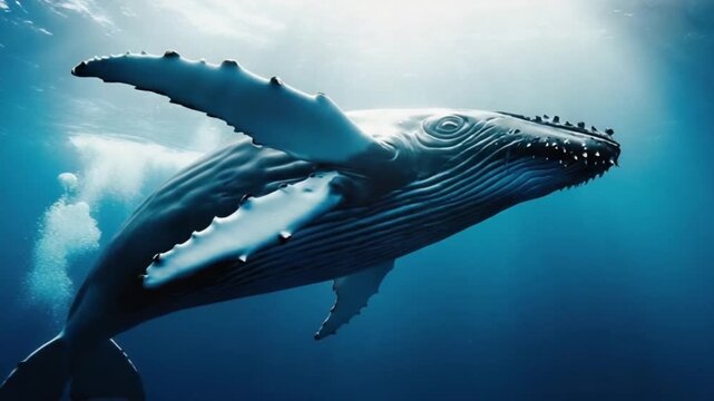 A magnificent humpback whale ascends towards the sunlit surface, its pectoral fins extended in a breathtaking underwater ballet