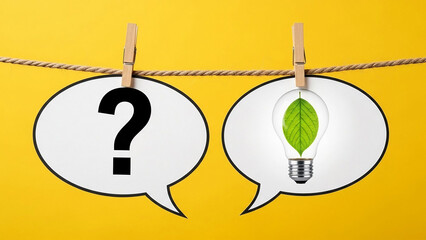 Two speech bubbles one with question mark one with leaf lightbulb on string image