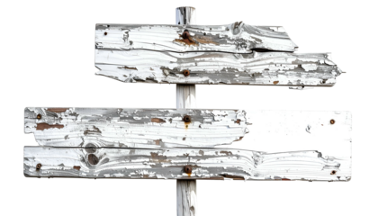 Weathered, white wooden signpost with directional arrows, decaying on a black background