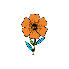 Obraz premium Simple cartoon illustration of an orange flower with a green stem and blue leaf on a white background.