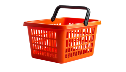 Bright orange plastic shopping basket with black handle on a solid black background