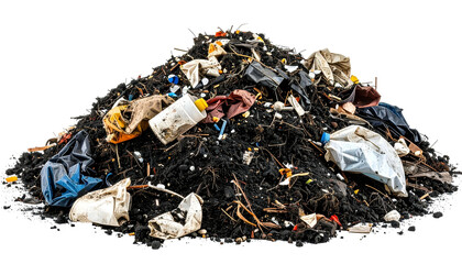 A large, messy pile of assorted trash, detritus, and discarded items, black backdrop