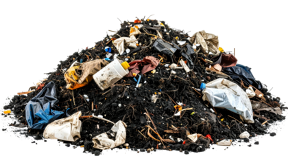 A large, messy pile of assorted trash, detritus, and discarded items, black backdrop