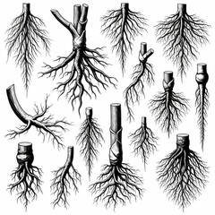 Detailed illustrations of various tree roots and stumps in black and white