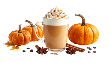 An autumn still life showcasing a latte, pumpkins, spices, and fall foliage
