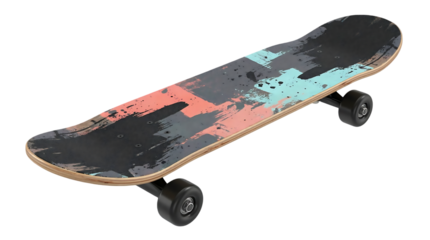 A detailed view of a skateboard showcasing a vibrant abstract paint design across its deck and black wheels high quality