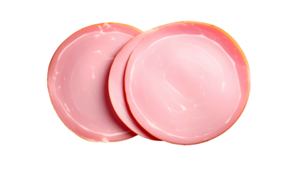 Two overlapping, circular, thinly sliced, pink cured meat pieces on a black background