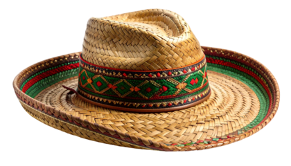 A close-up of a woven straw sombrero hat with a colorful patterned band