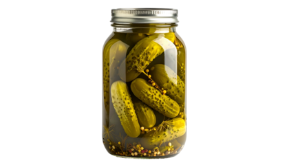 Glass jar filled with dill pickles, immersed in brine, against a black background