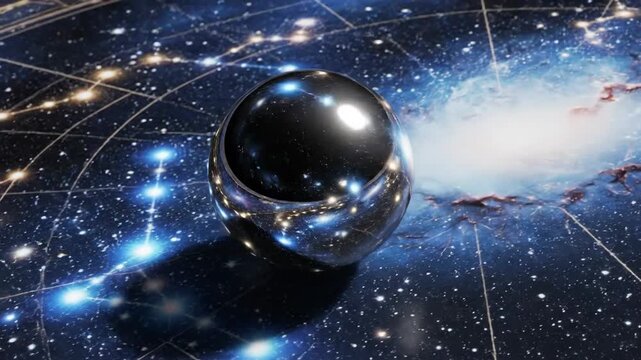A metallic sphere rolls across a detailed celestial map within a vibrant galaxy, overhead shot showcasing the vastness of the universe.