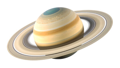 A rendering of a gas giant planet with prominent ring system, against a transparent backdrop