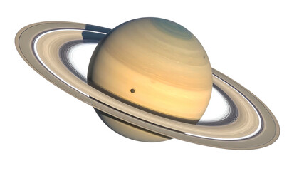 A gas giant with prominent rings, showcasing delicate bands and a small moon
