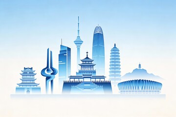 Fototapeta premium Blue-Toned City Skyline: Mix of Traditional & Modern Landmarks