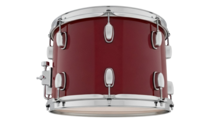 Isolated view of a red bass drum with silver rims and hardware for drumming sounds