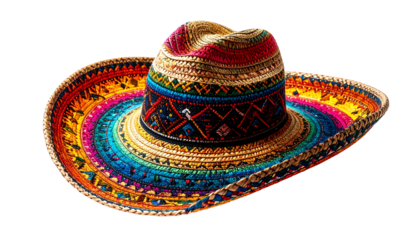 Vivid, multi-colored sombrero, woven straw, intricate details, isolated on black background