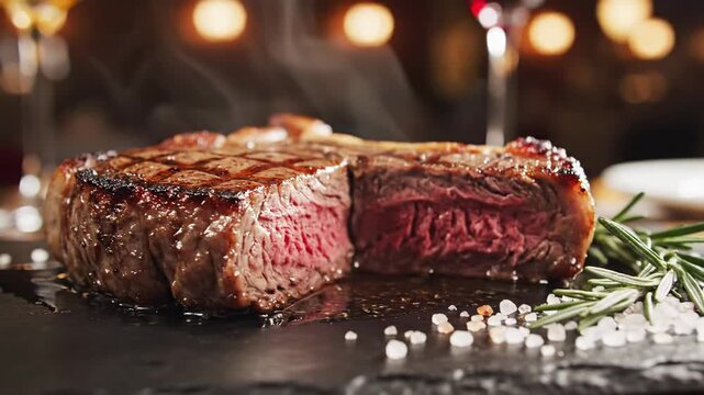 A perfectly seared, juicy beef steak rests on a dark plate with rosemary and coarse salt, showcasing its rich texture and aroma.