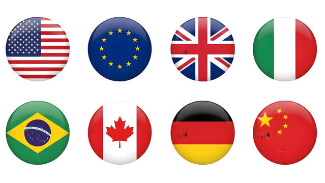 Eight national flags on transparent background for international business and travel concepts