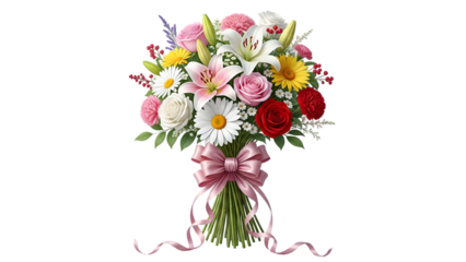 A vibrant bouquet of assorted flowers with pink ribbon