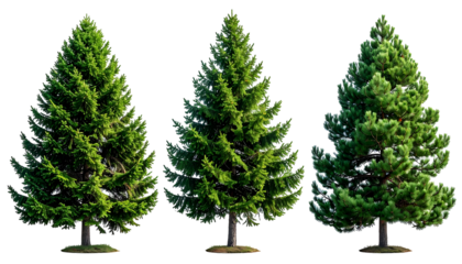 Three realistic evergreen trees with dark green foliage and brown trunks, isolated on black