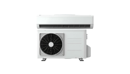 Isolated image of a white, split-type cooling system with indoor and outdoor units