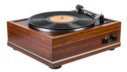 Wooden-cased record player, vinyl spinning, detail of tone arm, buttons, and silver trim