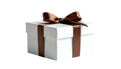 Square white gift box with brown ribbon tied in a bow on a black background