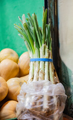 Leek, Cal&ccedil;otada, organic green onions with long stalks for cooking healthy food