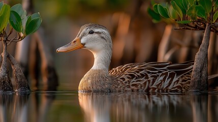 Duck gracefully swimming through calm mangrove waters, captured in warm natural light.
