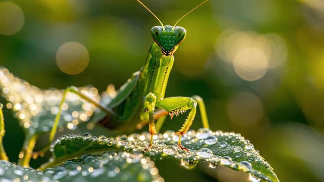 A vibrant green praying mantis perched on dew-covered leaves in soft morning sunlight, showcasing intricate details of nature's beauty and wildlife.