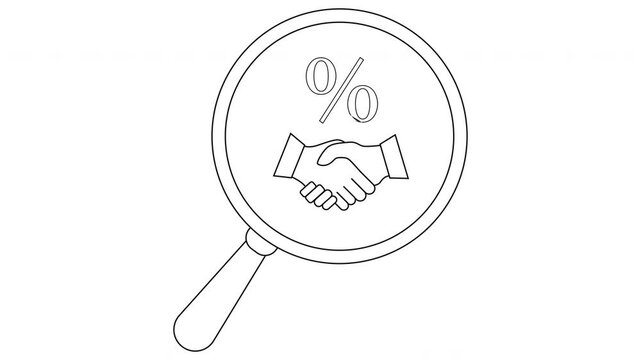 Magnifying glass focuses on a handshake and percentage symbol