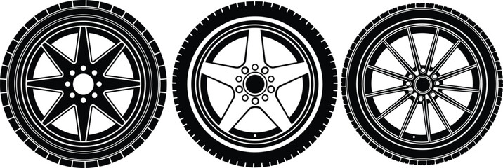 Car wheel rim designs, automotive vector art, modern alloy styles, tire illustration, vehicle customization concept - flat vector illustration
