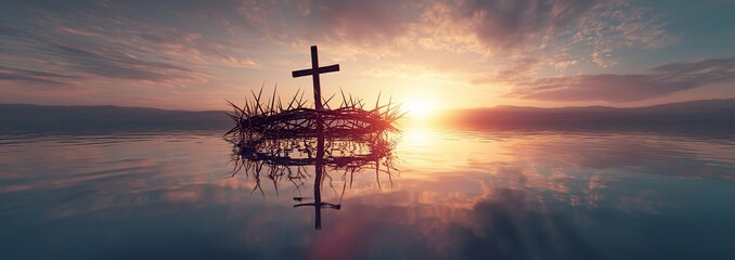 Cross and crown of thorns at sunrise, reflected on calm water, representing faith, sacrifice, resurrection, and spiritual hope.