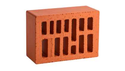 Isolated red brick with rectangular holes, slightly angled on black background