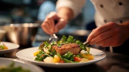 A chef plating a gourmet dish moments before a plating competition timer hits zero, assistants rushing around in the intense culinary arena &mdash; culinary competition pressure, timing mastery, and