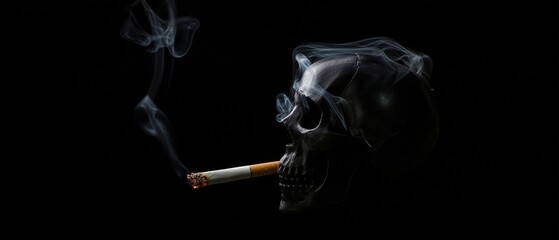 Burning cigarette with swirling smoke forming a skull, symbolizing the dangers of smoking, addiction