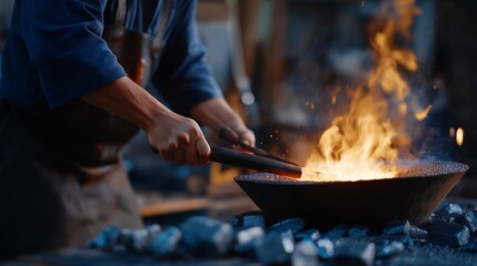 A metalworker heat-treating steel in a glowing forge, quenching the piece in oil as steam erupts dramatically — metallurgy science, strength hardening process, and traditional heat treatment.