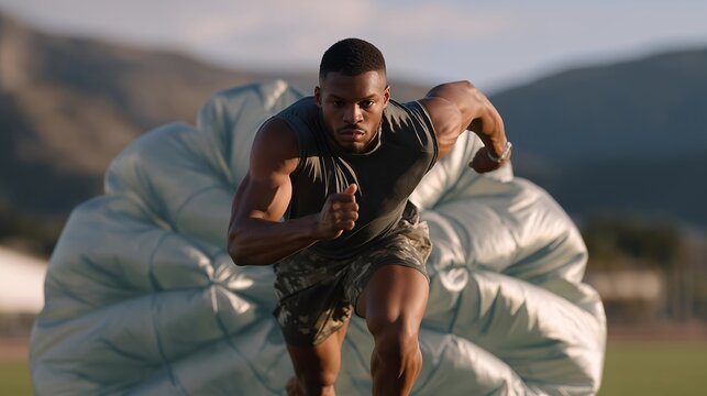 A sprinter training with parachute resistance on a windy field, the chute flaring dramatically as muscles engage in powerful forward drive &mdash; resistance sprint training, athletic conditioning, and