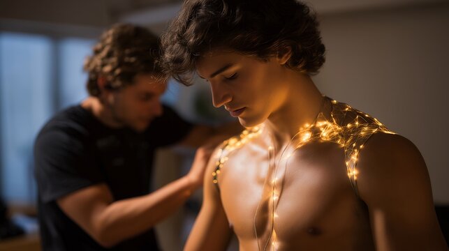 A biomechanics researcher calibrating motion-capture suits on an athlete, reflective markers glowing as cameras synchronize for perfect skeletal tracking — sports science analytics, human-motion - Powered by Adobe