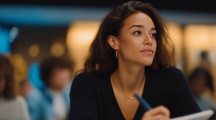 New hire attentively taking notes during feedback meeting, soft light illuminating their focused expression — elegant depiction of learning, confidence, and continuous improvement in employee