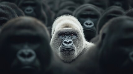 White gorilla standing out among black gorillas