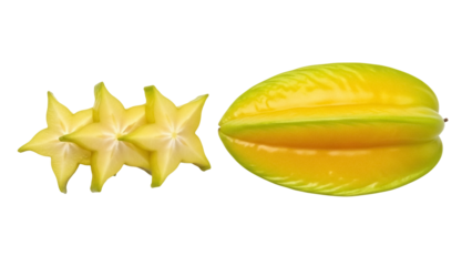 Isolated Star Fruit group and Carambola, a tropical fruit, vibrant yellow and green hues