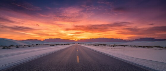 Colorful desert sunset over white sand dunes.