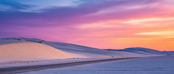 Colorful desert sunset over white sand dunes.