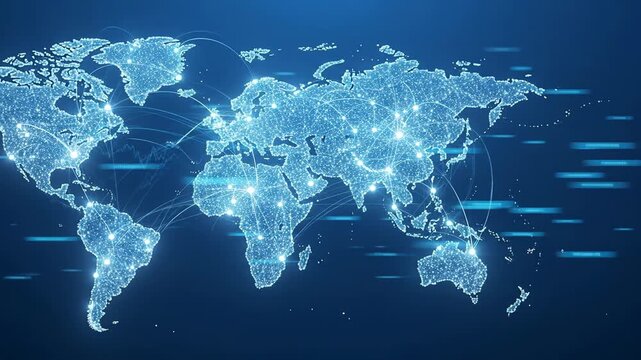 Global network of connections across the world map with glowing nodes and lines.