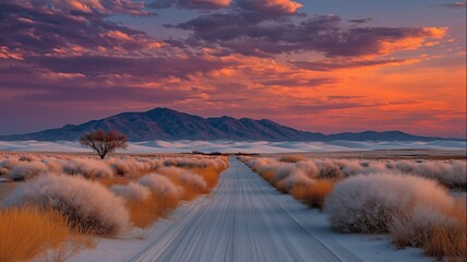 Colorful desert sunset over white sand dunes.